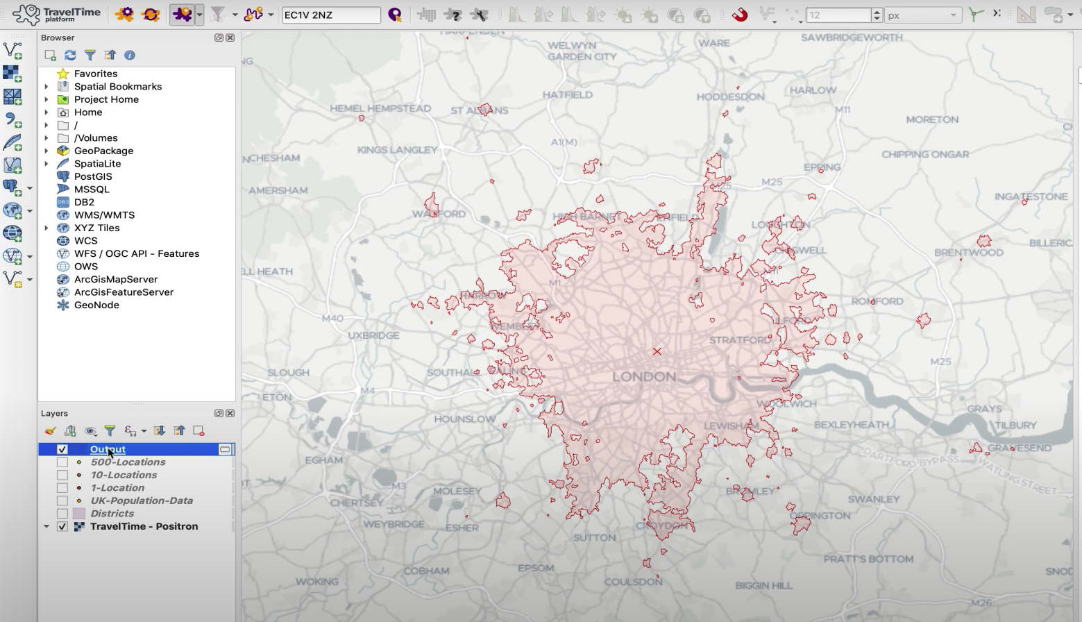 TravelTime QGIS plugin isochrone