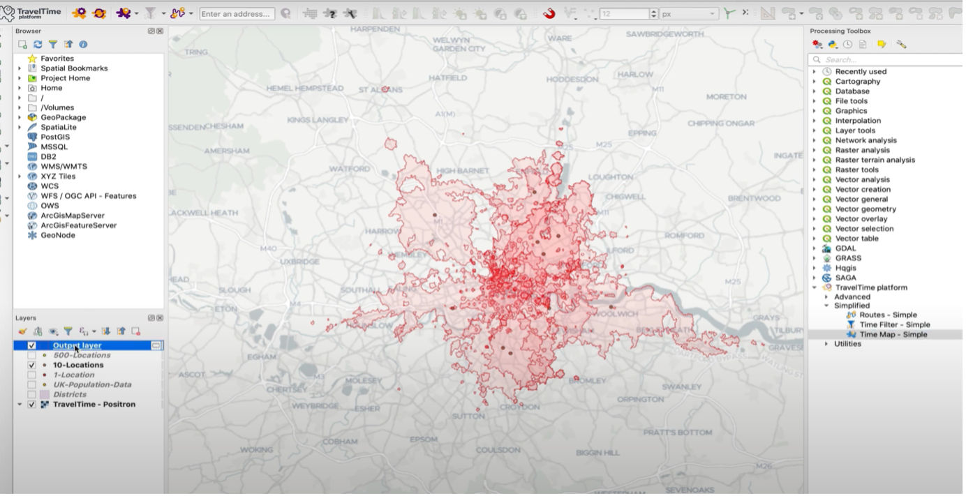 TravelTime QGIS plugin isochrone