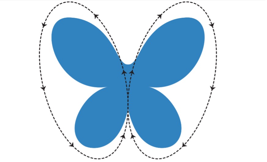 A drawing of a blue butterfly with a dotted line outline