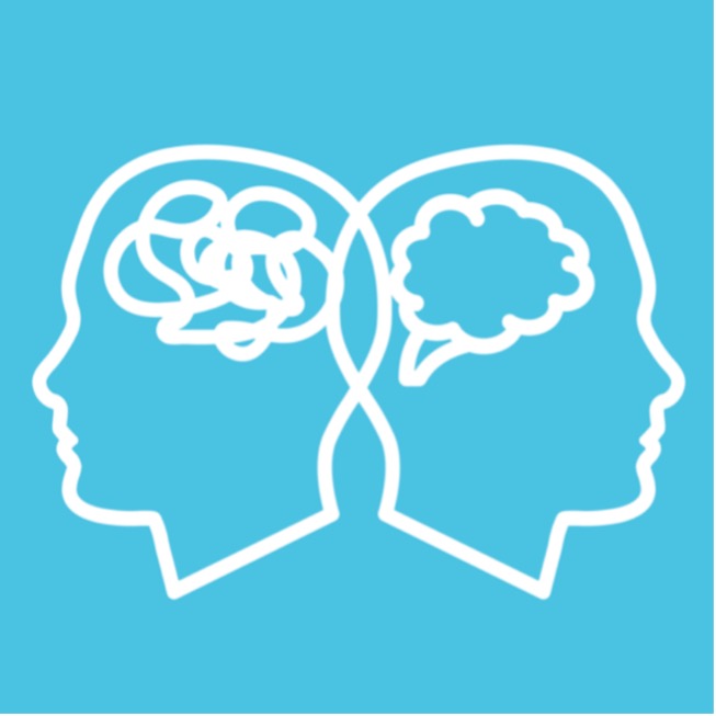 White outline of two heads facing away from each other with a teal blue background. One has a clear mind and the other has many squiggles in their mind.
