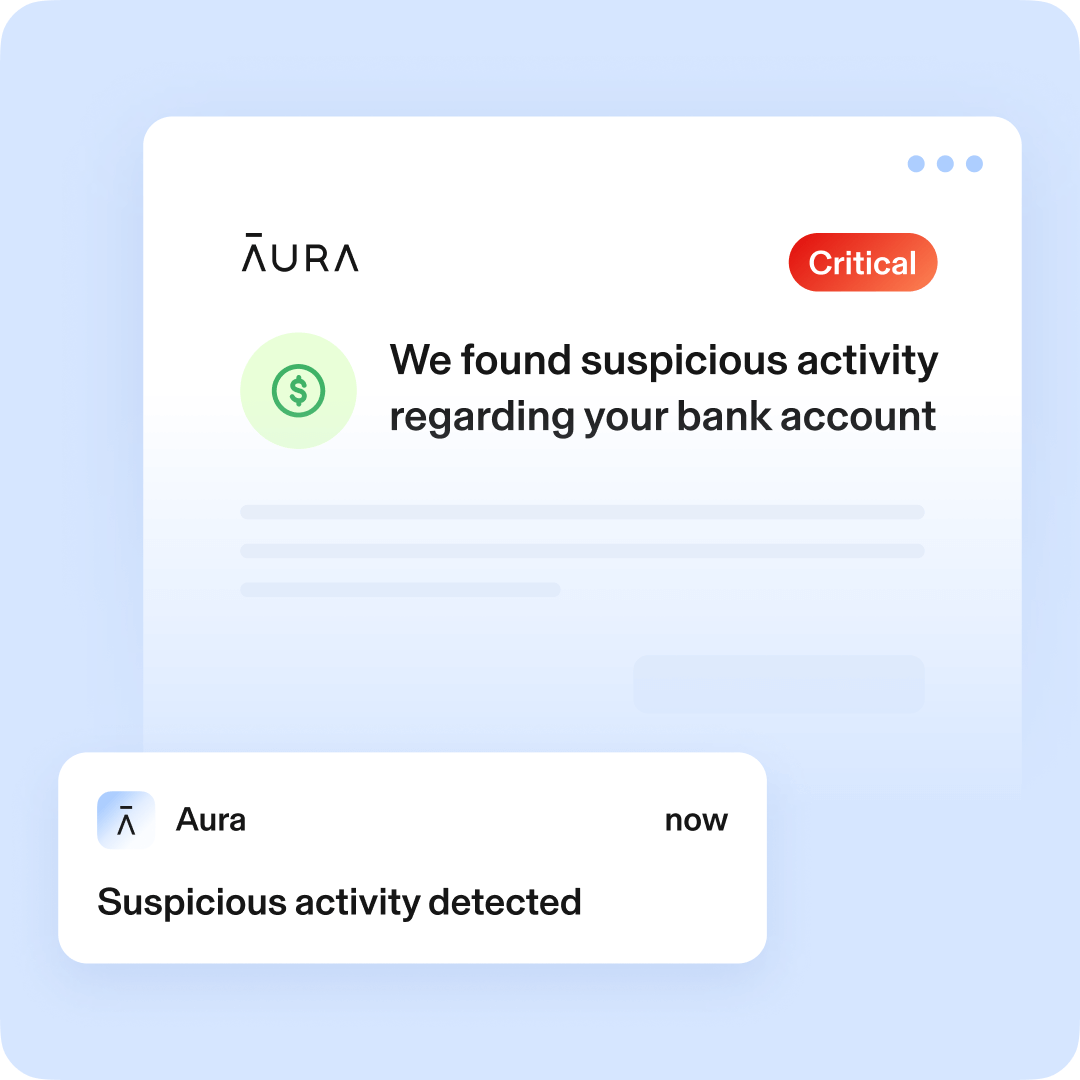 Graphic representative of Aura's financial fraud monitoring features — suspicious bank account activity alert
