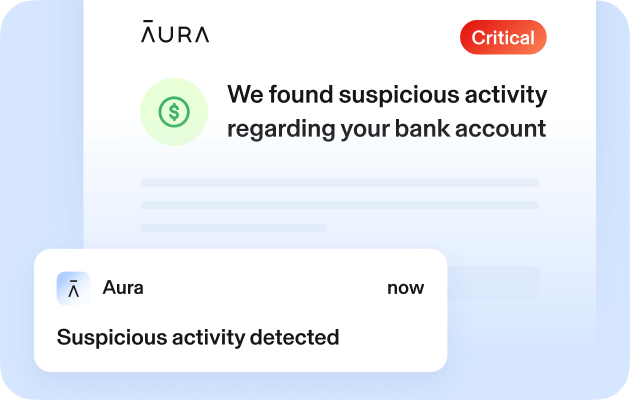 Graphic representative of Aura's financial fraud monitoring features — suspicious bank account activity alert
