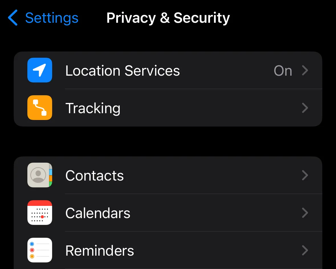 The Privacy & Security settings screen in iOS showing location services turned on