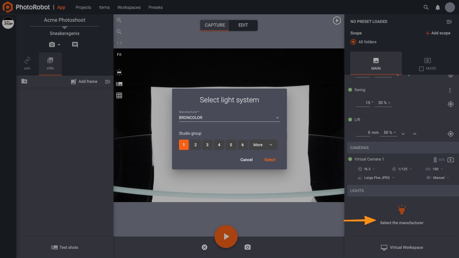 Software studio light system configuration