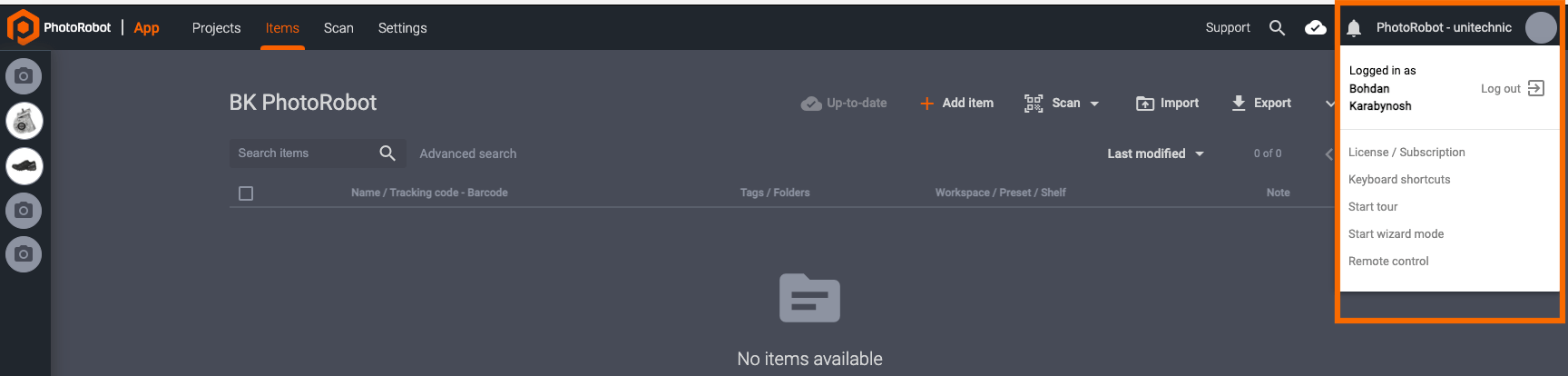 Start PhotoRobot Wizard from User Account Icon