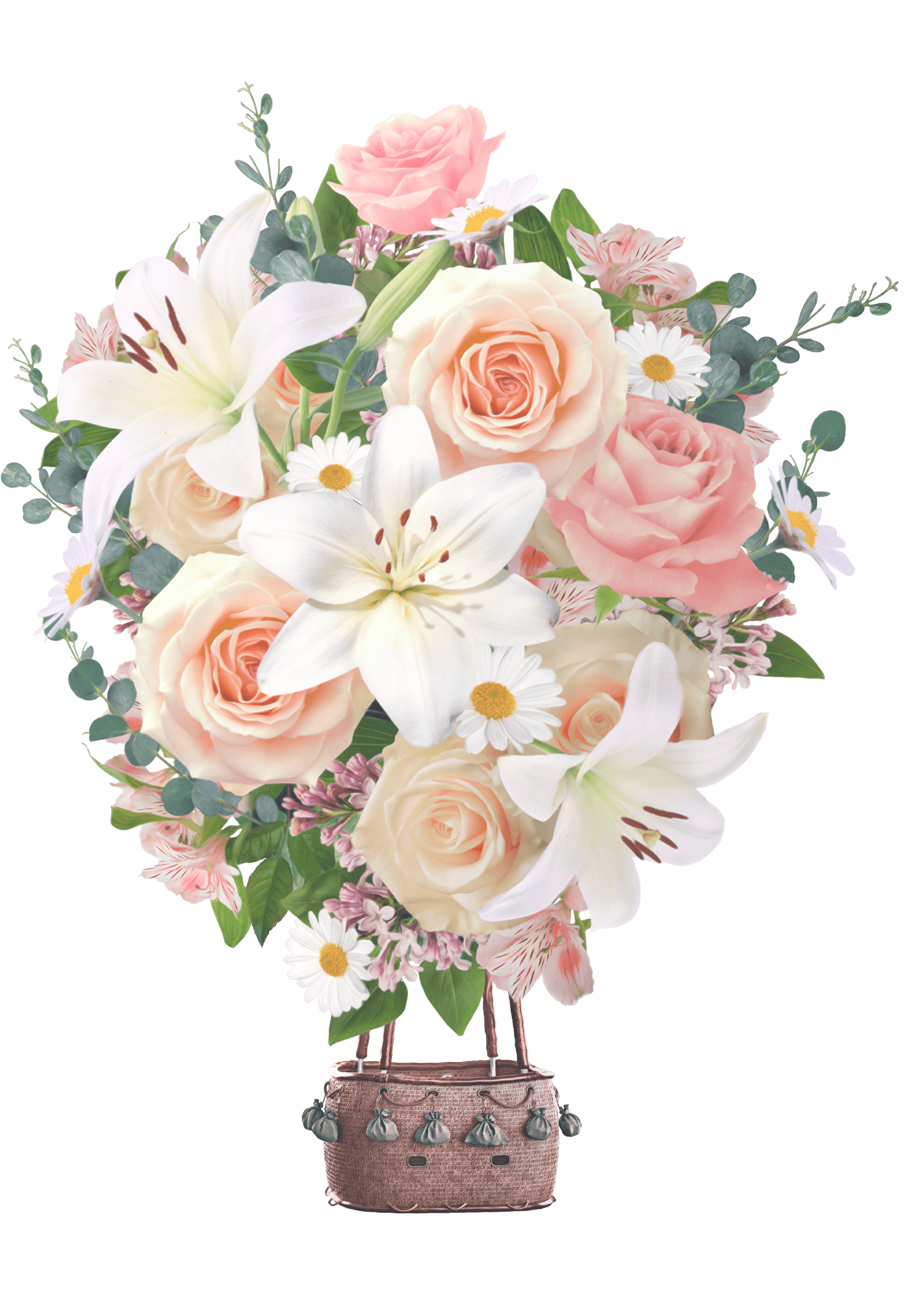 A hot air balloon made up of a colorful floral arrangement consisting of pink roses, white lilies and daisies.