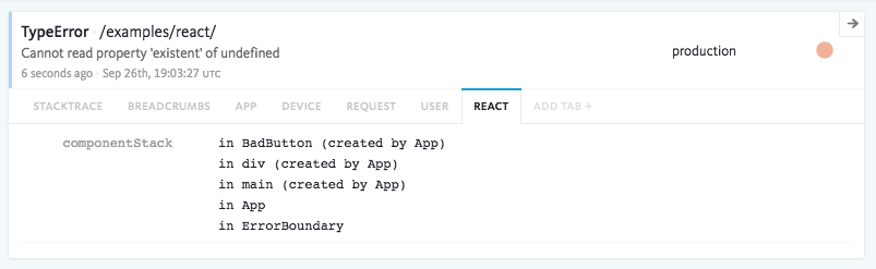 Example React error in the Bugsnag dashboard