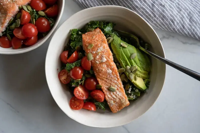 Salmon Kale Caesar Salad with Quinoa