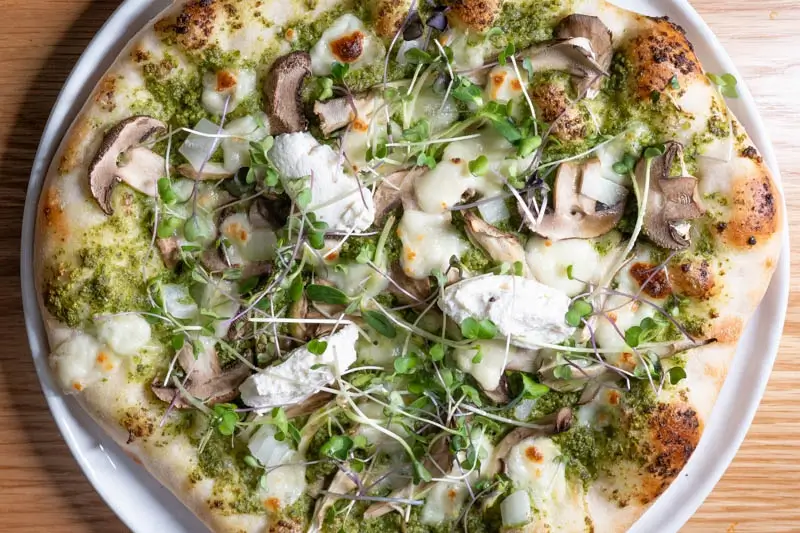 Basil Pesto and Mushroom Pizza with Goat Cheese
