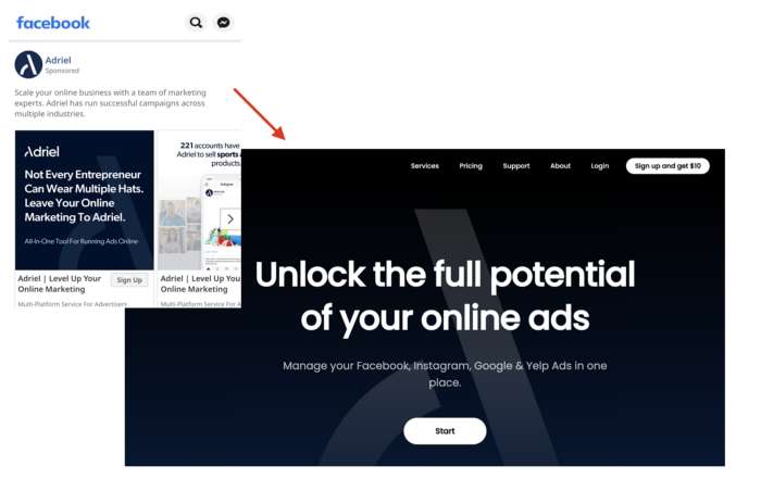 Landing page for Facebook ad