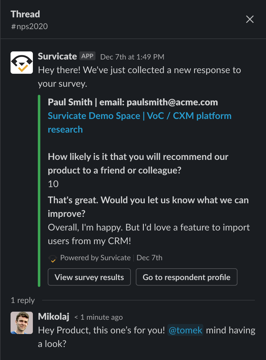 How customer feedback flows into Slack for the right team to see with survey's Survicate integration