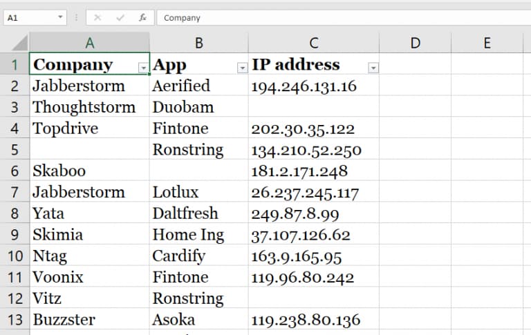 Survey data analysis - Image of Excel spreadsheet with empty rows deleted with Excel formula