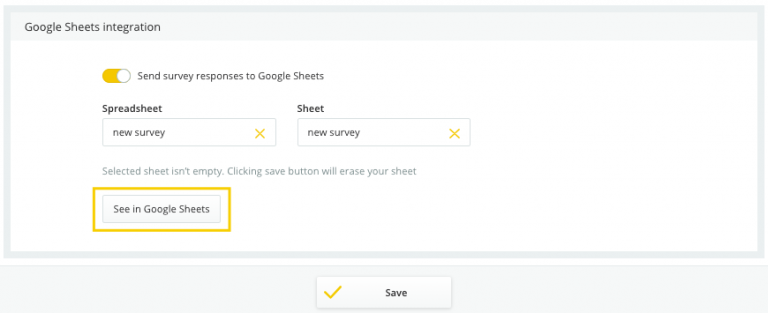 Survicate and Google Sheets Integration - view of Survicate survey data analysis user panel