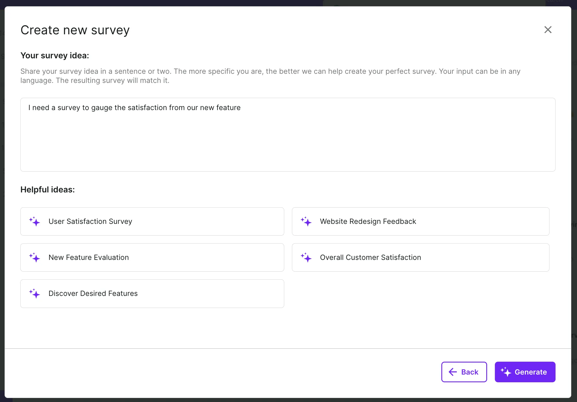 Survicate's panel showing the AI survey creator