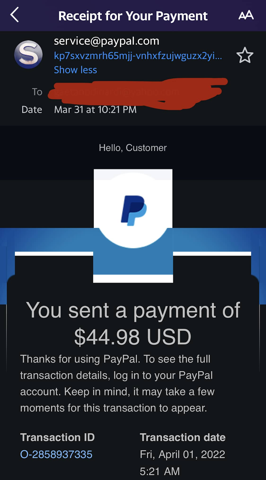 An example phishing email claiming to be from PayPal