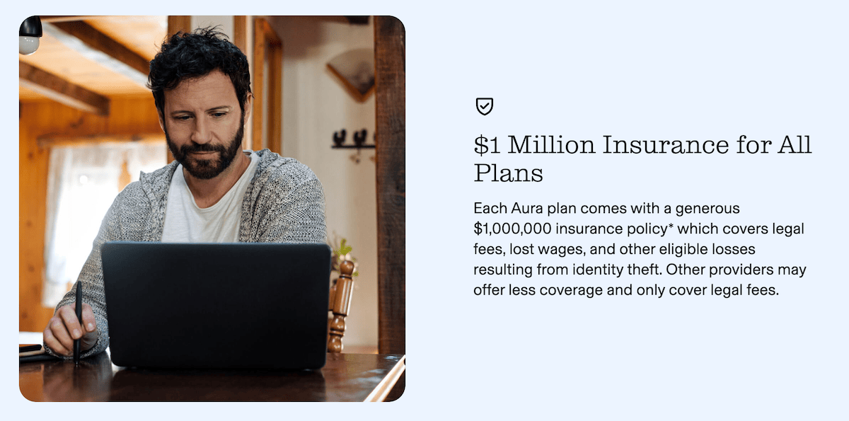 Every Aura plan comes with a $1,000,000 insurance policy for eligible losses due to identity theft