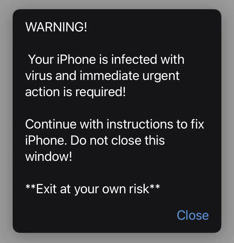 Scam browser pop-up claiming your device was infected with viruses