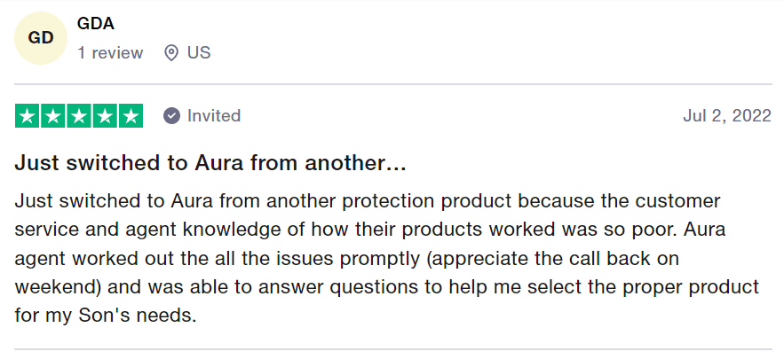 Aura review on Trustpilot