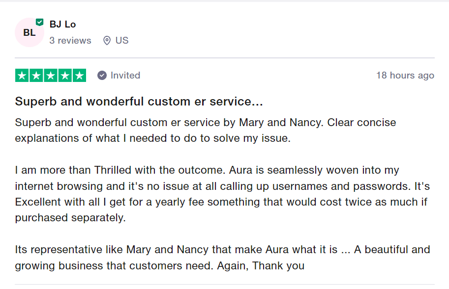 Aura Trustpilot review