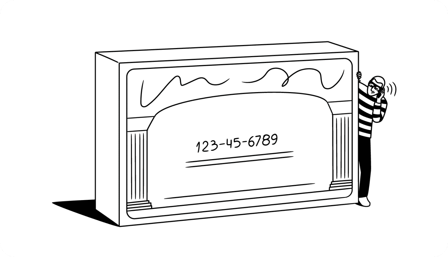 An illustration of a scammer lurking behind a life-size SSN card