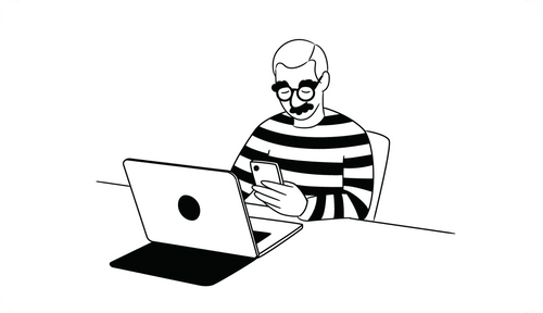 An illustration of a catfisher in front of laptop