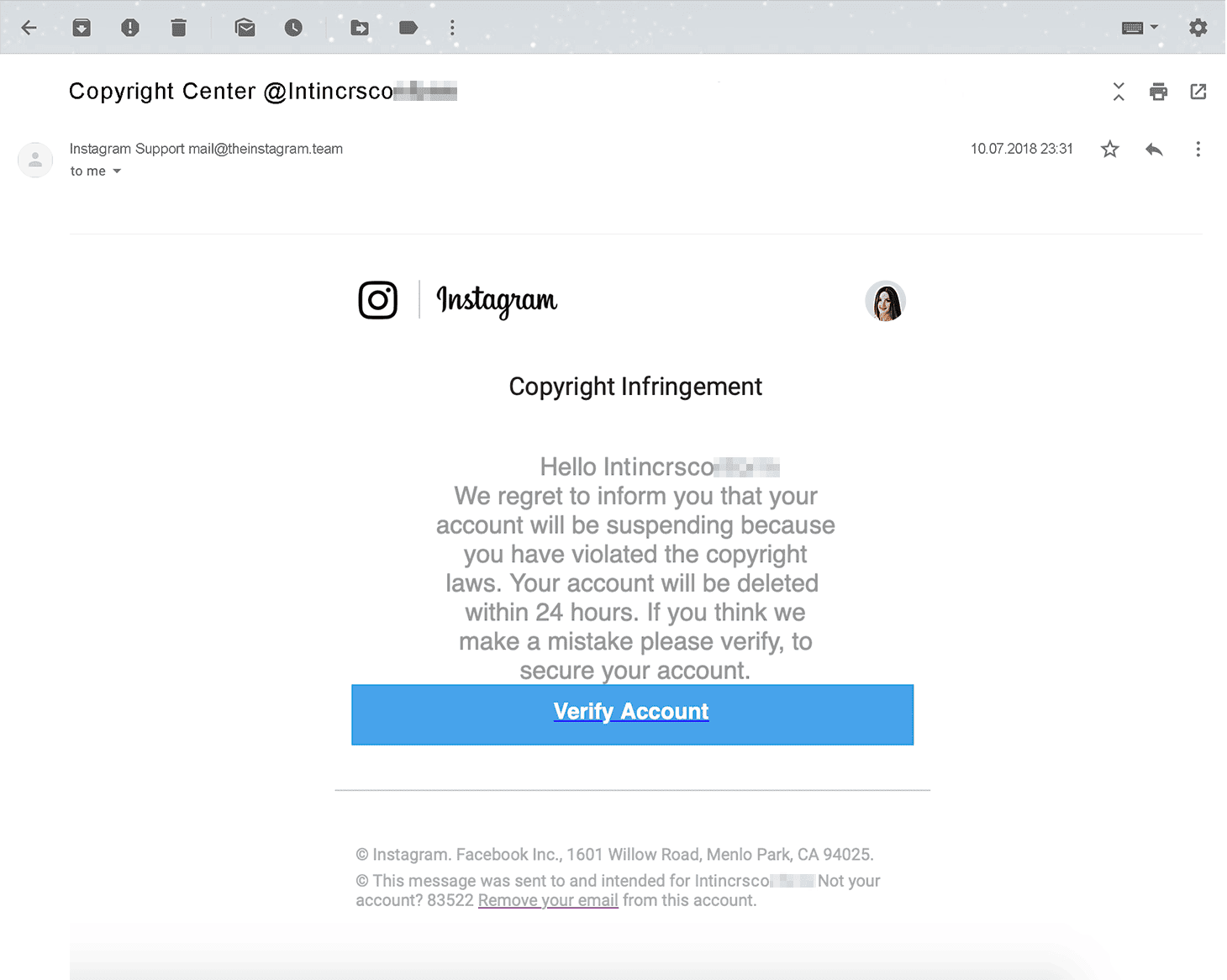 An example of a phishing email pretending to be from Instagram. Source: SiliconANGLE