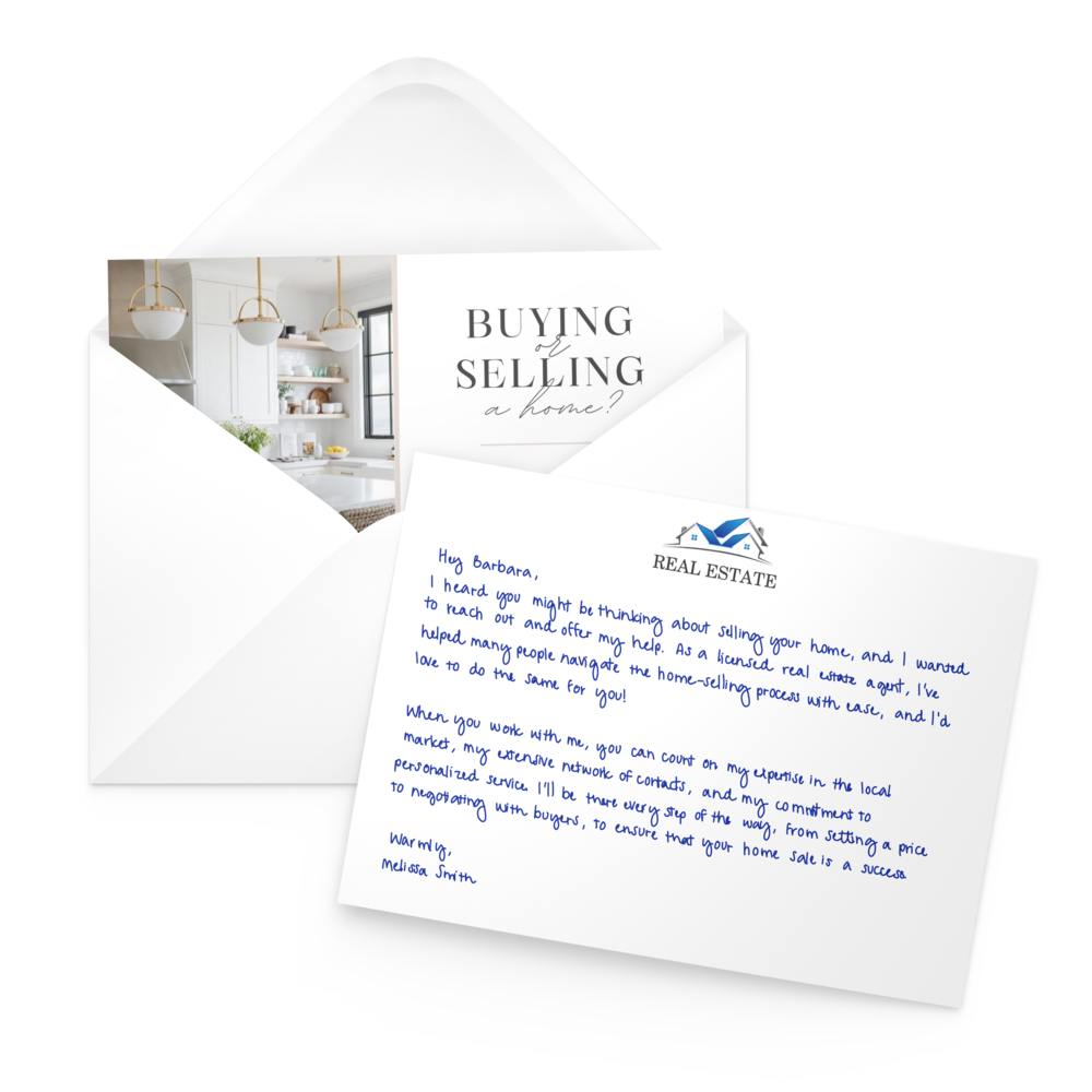 handwritten notes written by pen, handwritten letter in envelope direct mail marketing with a personal direct mail card for marketing outreach for the roofing industry