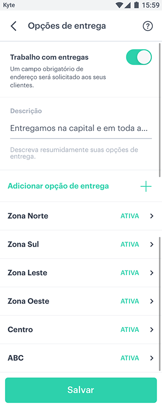 mais opções de delivery kyte