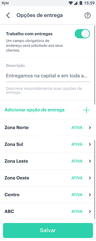 mais opções de delivery kyte
