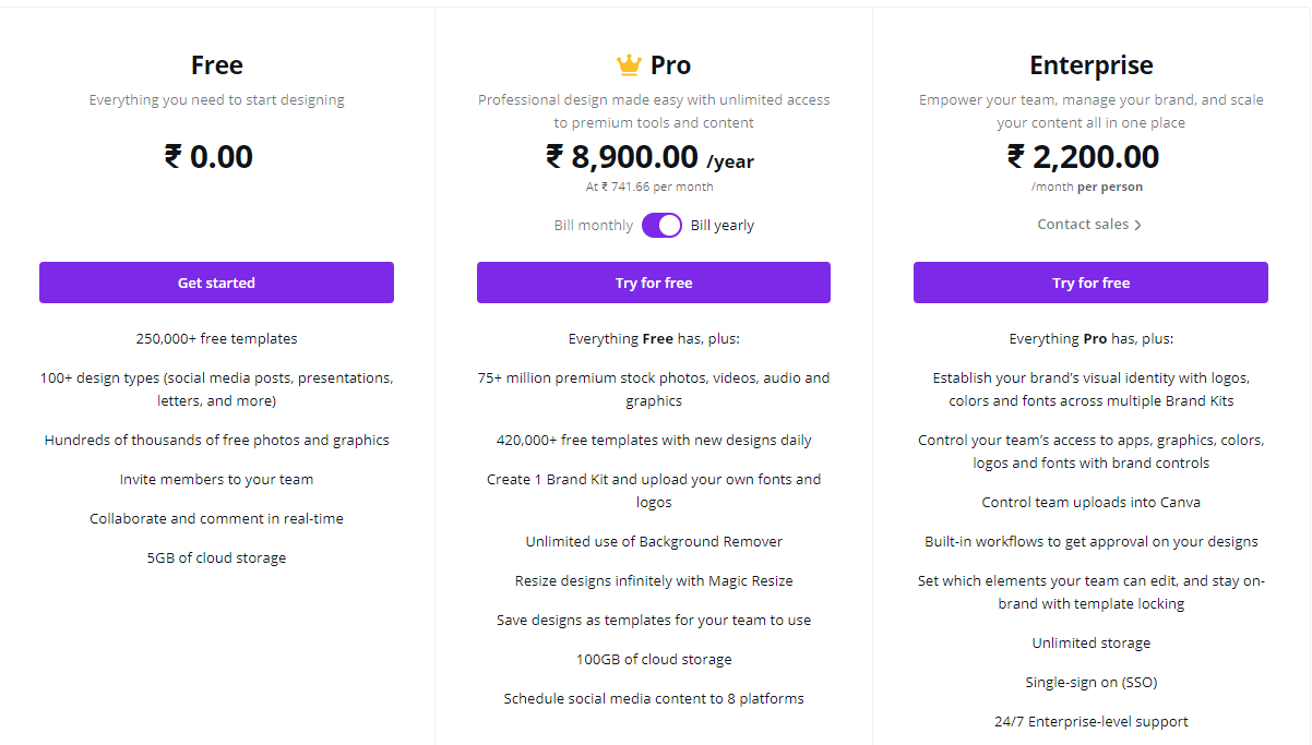 Pricing page example: Canva