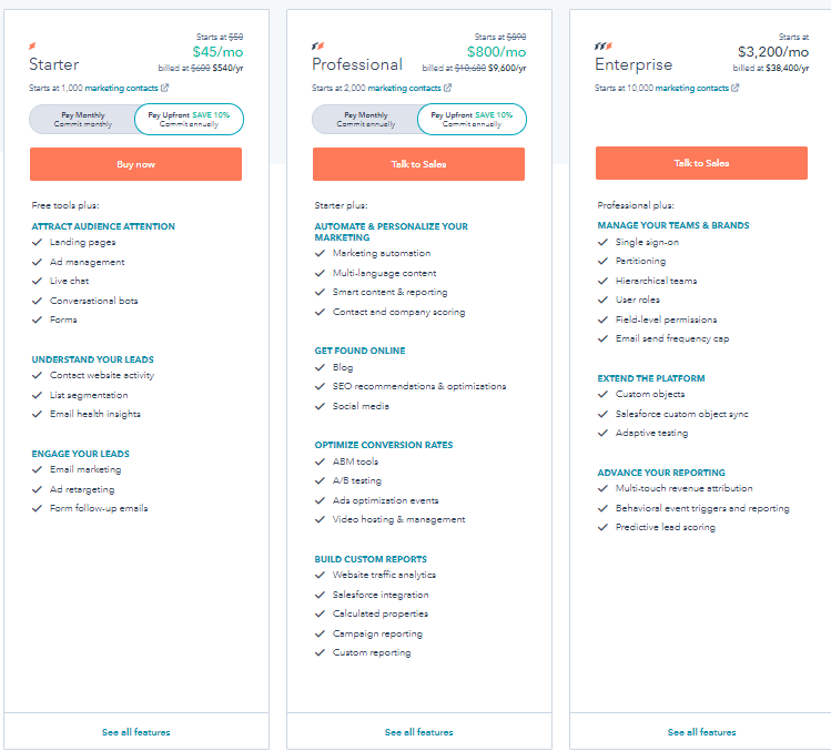 Pricing page example: Tiered pricing model