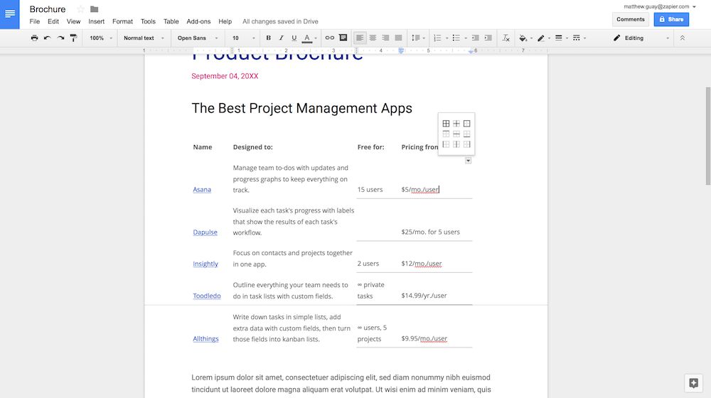 Paste Google Sheets table into Google Docs