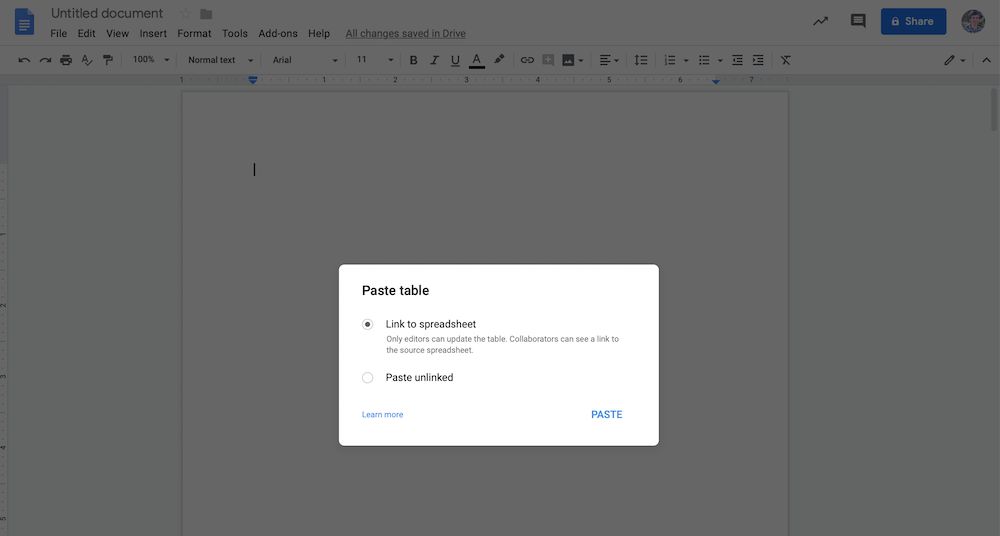 Paste Google Sheets spreadsheet into Google Docs