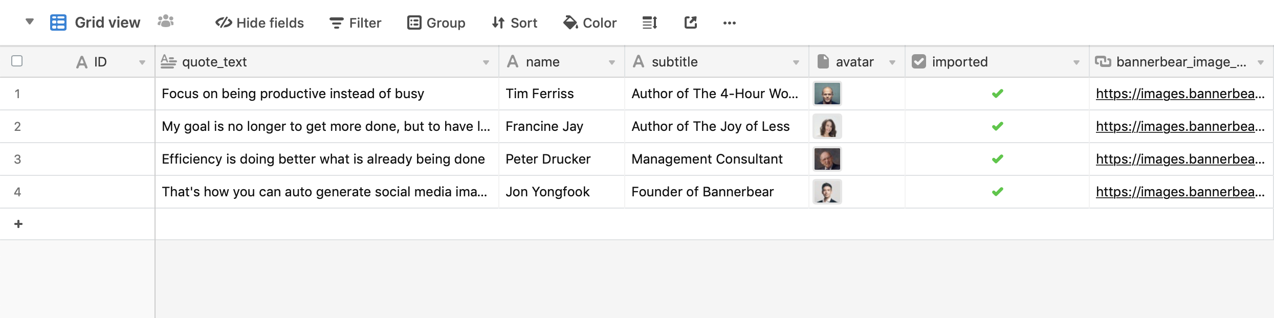 ></div></figure><p><strong>Note the last row that I added ;)</strong></p><p>Hit the import button in Bannerbear:</p><figure class=