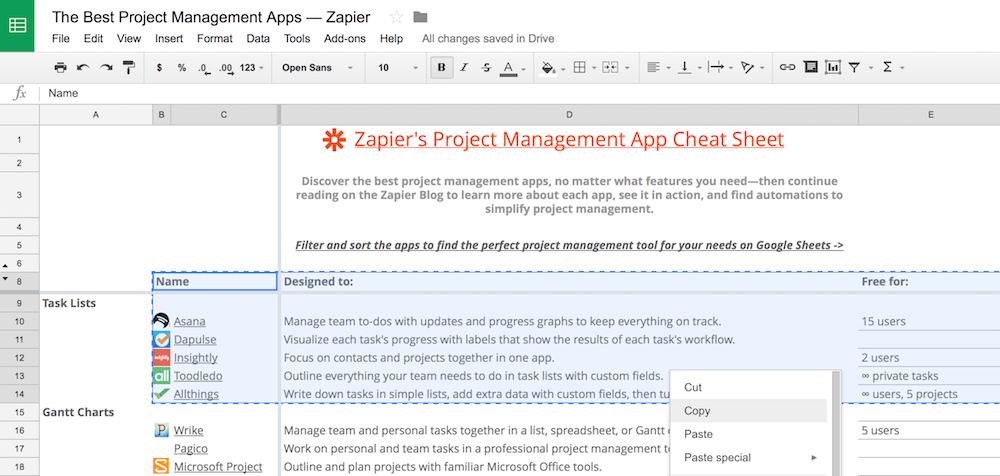 copy data from Google Sheets