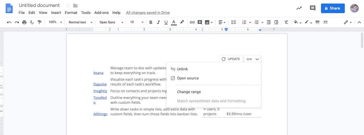 Update Google Sheets table inside Google Docs