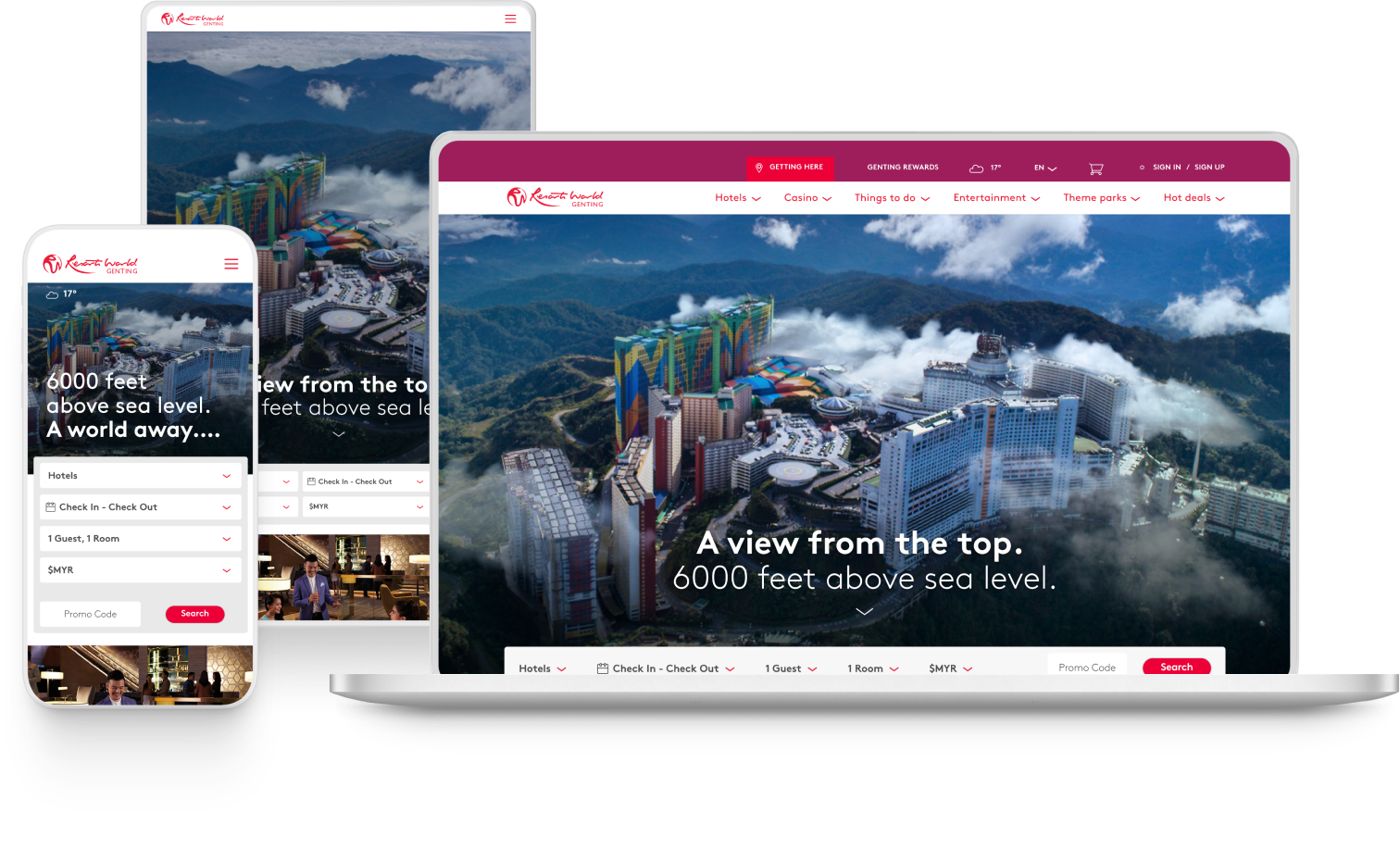 A smartphone, tablet, and laptop showcasing a variety of Resort World Genting's advertisements.