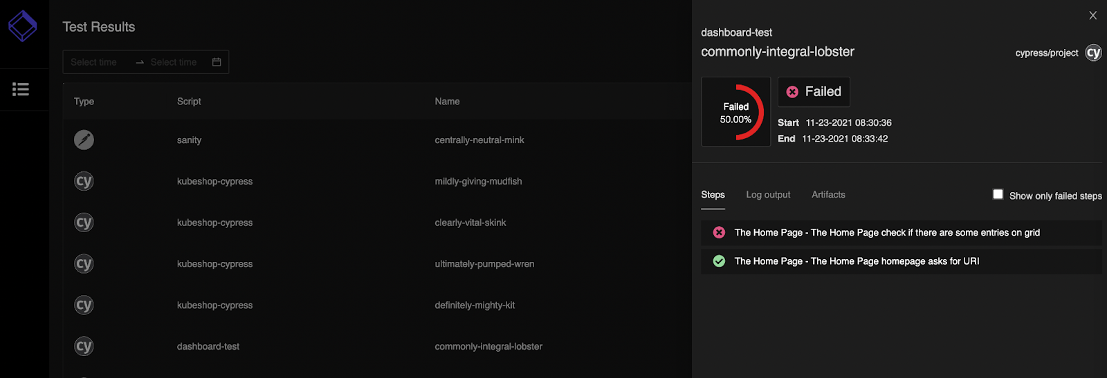 Testkube dashboard showing execution details