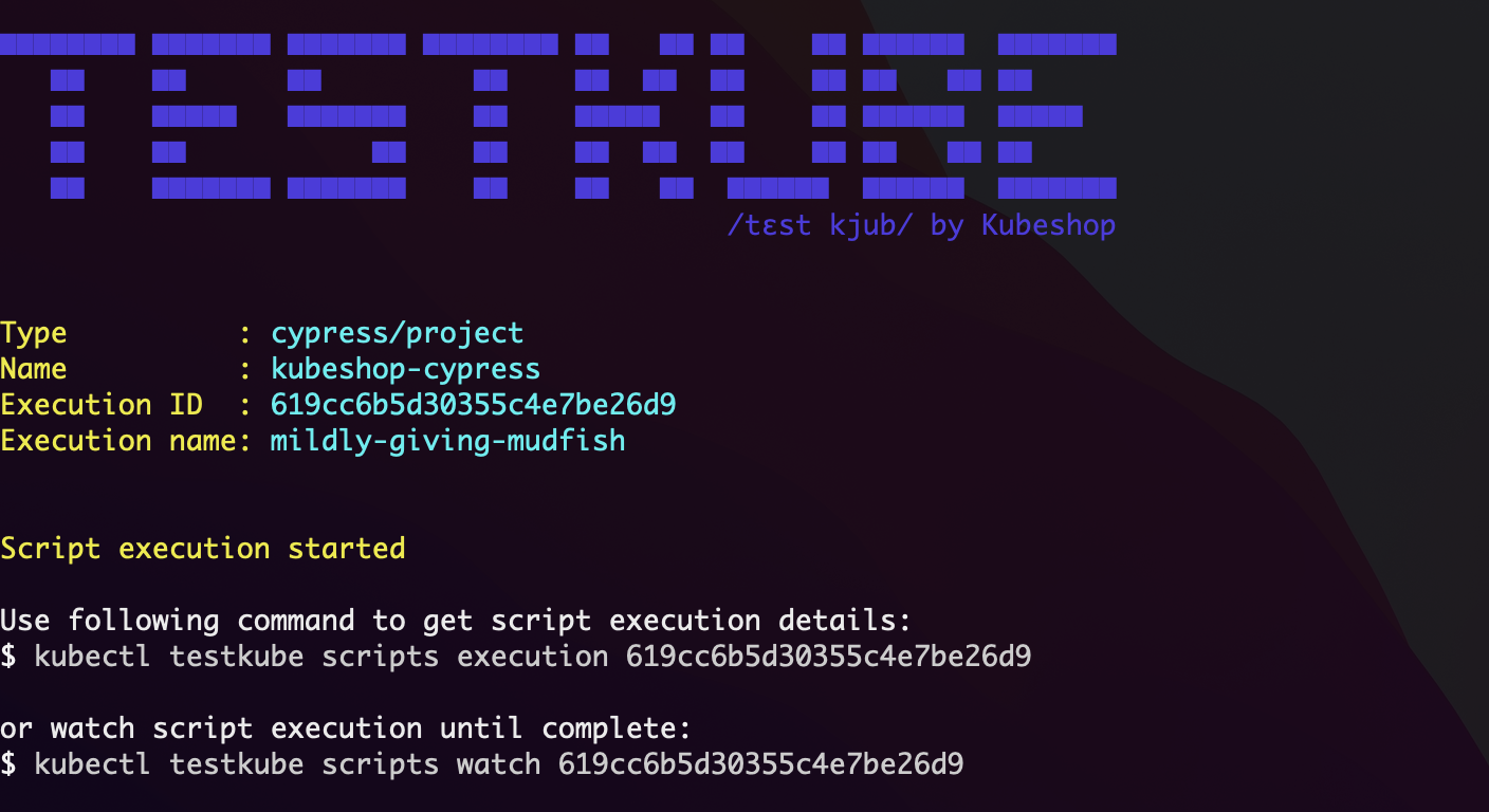Testkube script execution screen.
