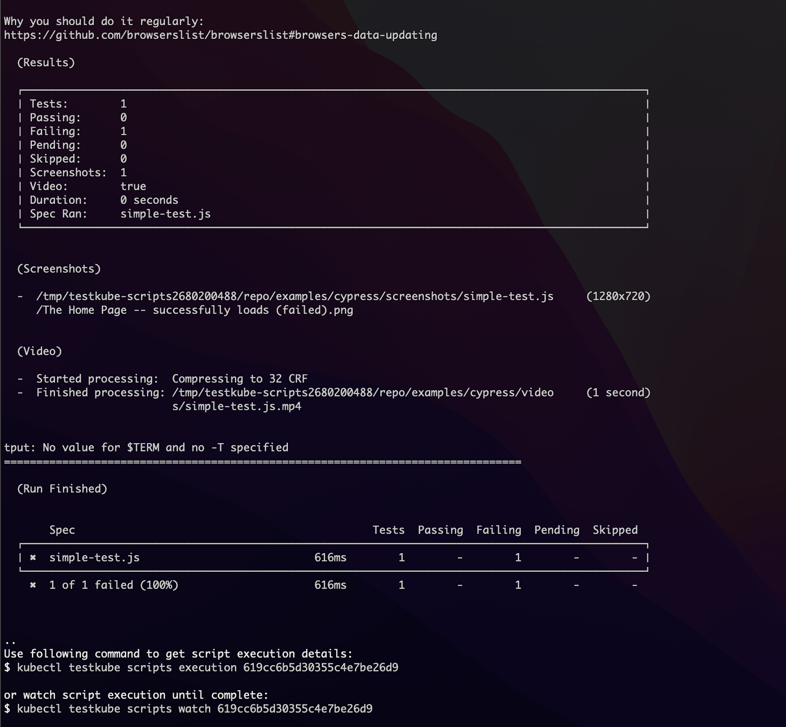 Testkube watch command output continued.