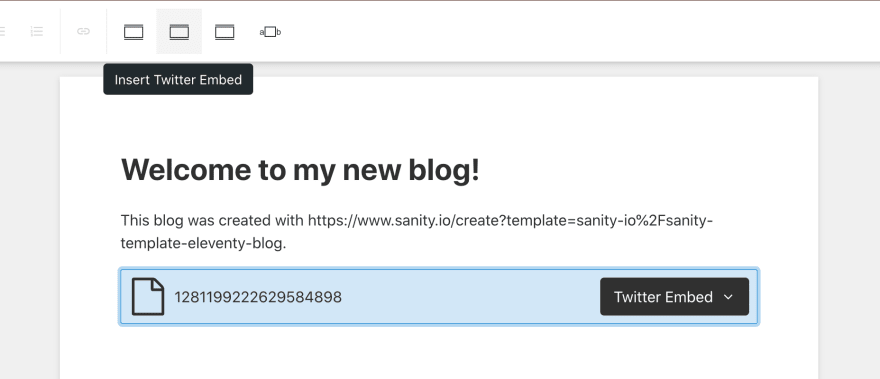Sanity Studio’s editor now offers two options, Twitter Embed and Instagram Embed
