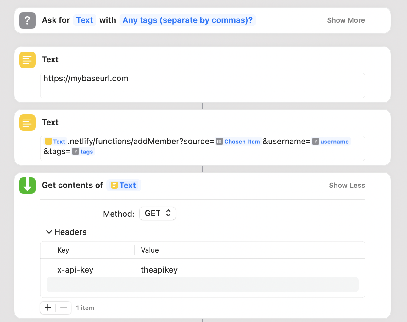 The Shortcut UI showing the next set of actions. A text action to store the URL for where the function lives, a text action to build the full route and gather inputs for query parameters, and finally the get contents of Text action to send the request to the function and get the response. This has the Header x-api-key for the Orbit API key