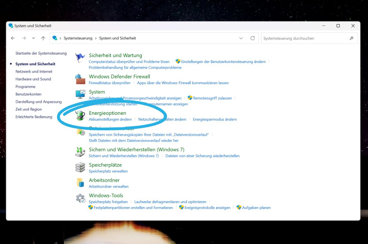Klicken Sie auf 'Energieoptionen'.