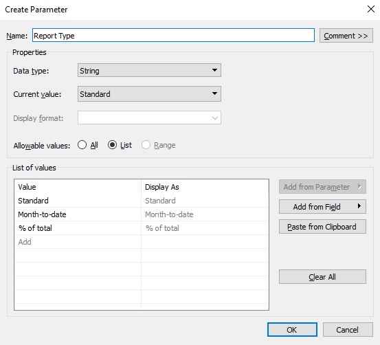 Example of a parameter in Tableau