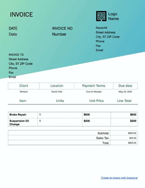 Auto Repair Invoice Templates