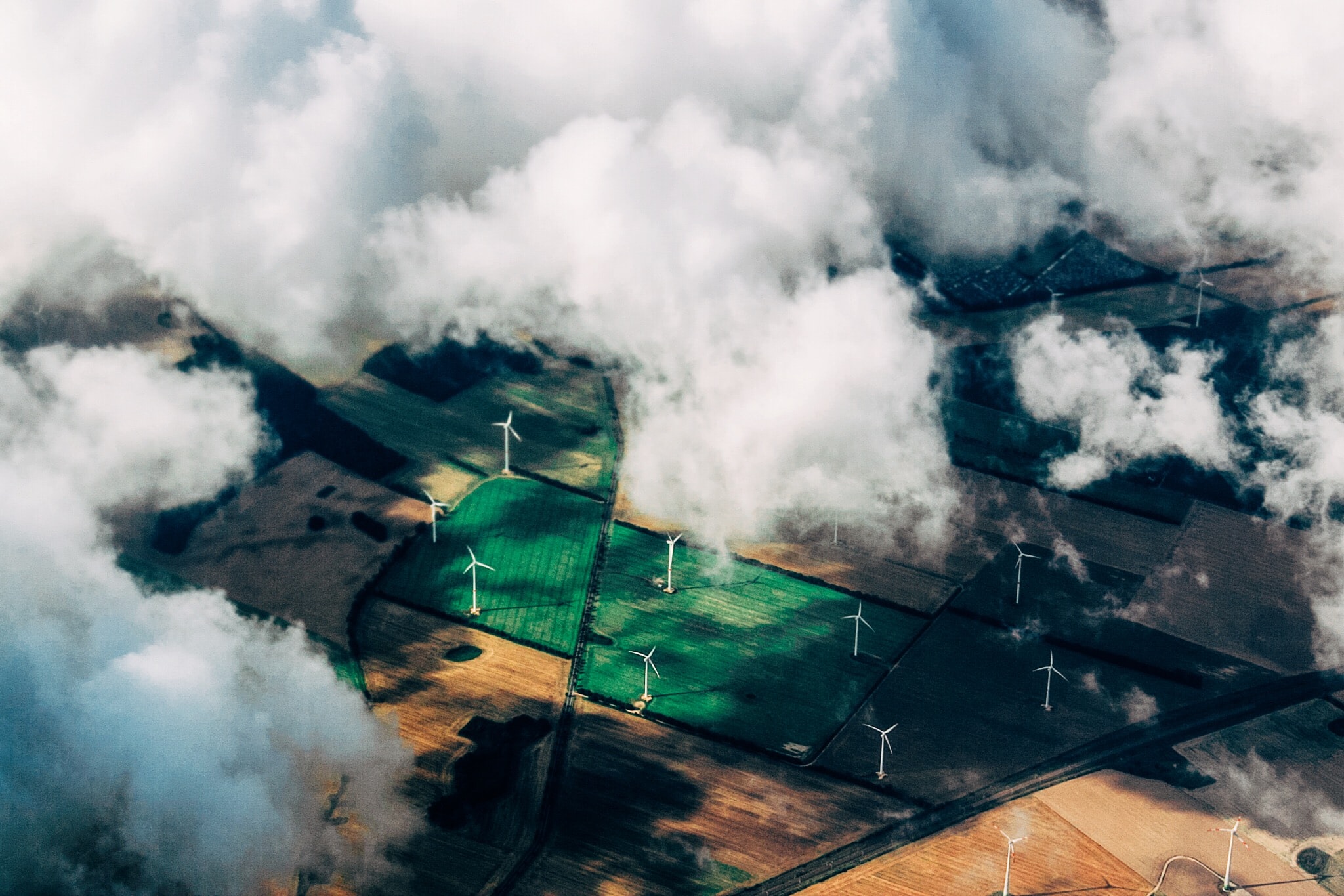 Clouds, fields and wind turbines