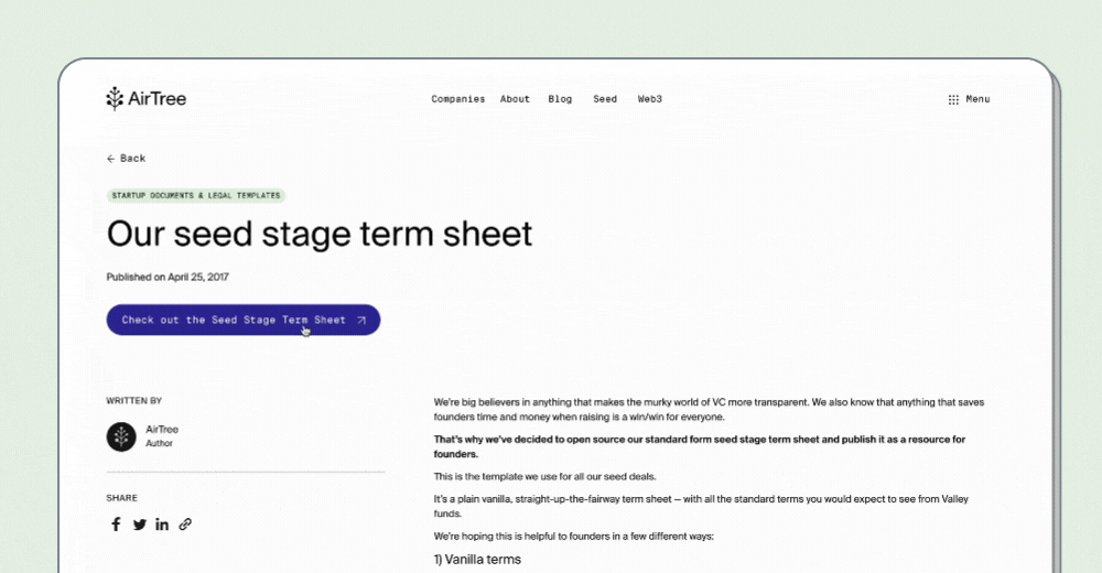 Seed stage term sheet template | AirTree's Open Source VC