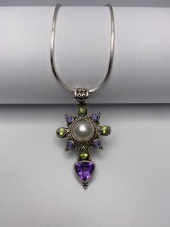 Sterling Silver necklace multi color stone pendant