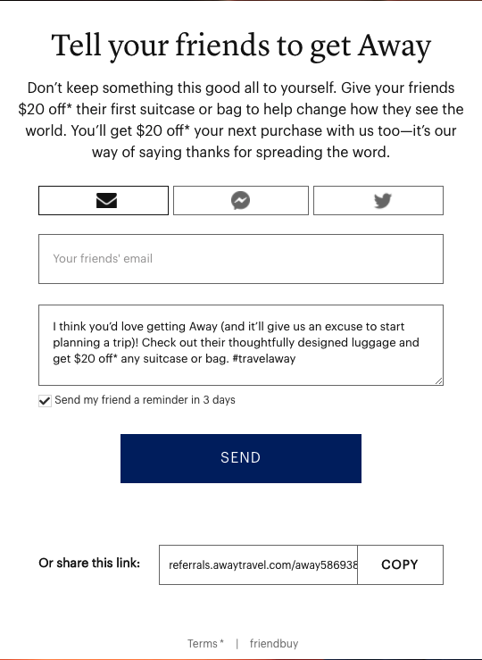 Away customizable referral message