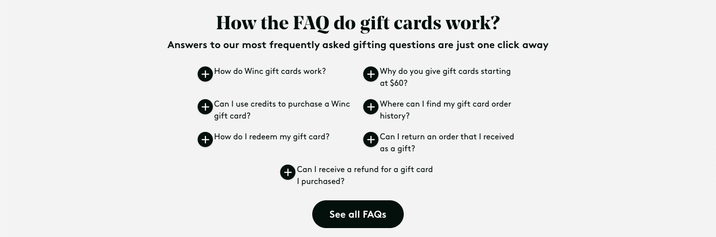 Winc FAQ section about gift cards